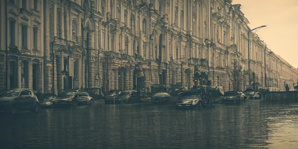 Image similar to cinematic street shot of a floating saint petersburg city, telephoto, anamorphic cinematography, beautiful composition, color theory, leading lines, photorealistic, moody volumetric lighting