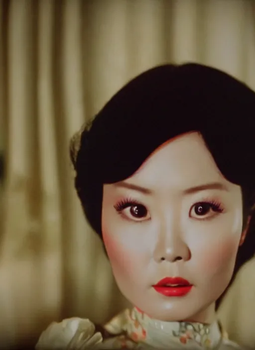 Image similar to a close up portrait film still of a bored stunning vietnamese actress from a year nineteen - seventy - two italian giallo film about finding a villain, global illumination, ultra ornate detail.