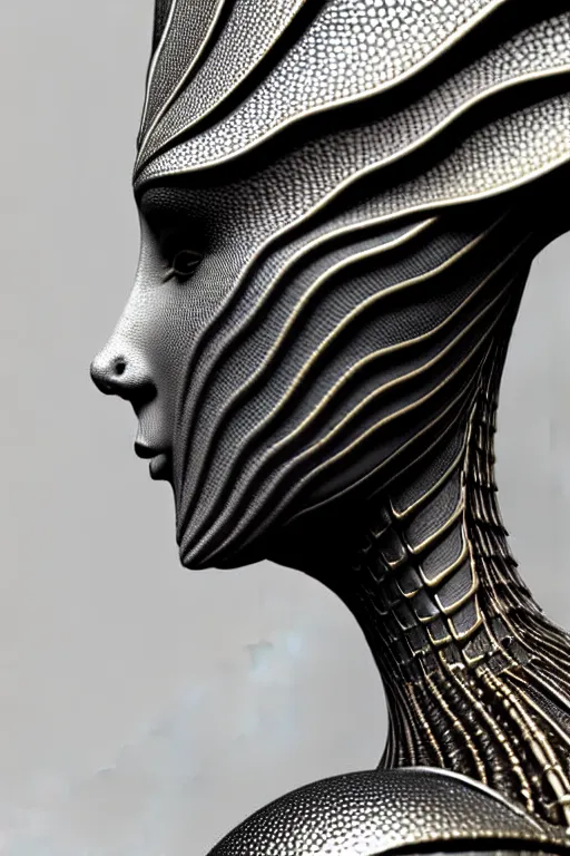 Image similar to bw close - up profile face, black background, beautiful young porcelain vegetal - dragon - cyborg - female, 1 5 0 mm, beautiful natural soft rim light, silver gold details, magnolia leaves and stems, roots, mandelbot fractal, elegant, ultra detailed, white metallic armour, octane render, h. r. giger style