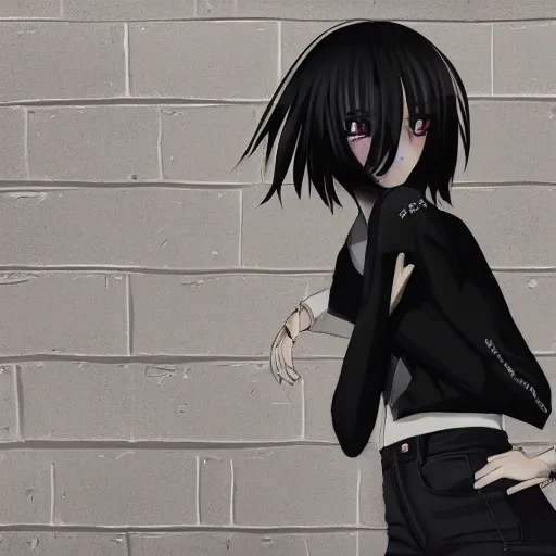 Image similar to 1 7 - year - old pale - skinned anime girl with black long bob cut, long bangs, black gothic jacket, black jeans, running through italian town, yellow sunshine, sepia sun, strong lighting, strong shadows, vivid hues, ultra - realistic, sharp details, subsurface scattering, intricate details, hd anime, 2 0 1 9 anime