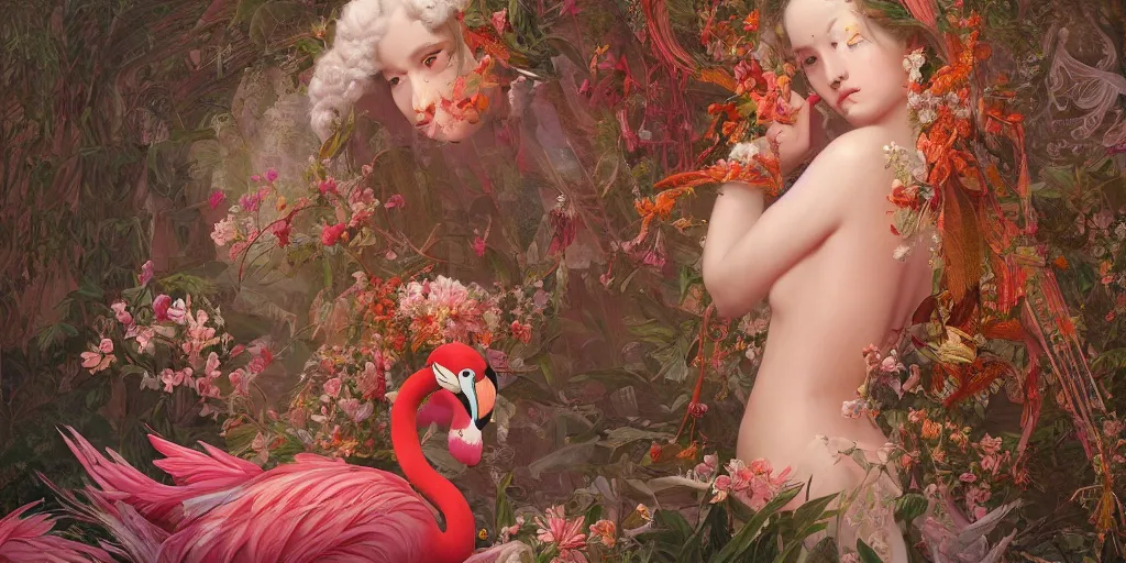 Image similar to breathtaking detailed concept art painting of the goddess of flamingo, orthodox saint, with anxious, piercing eyes, ornate background, amalgamation of leaves and flowers, by Hsiao-Ron Cheng and John James Audubon, extremely moody lighting, 8K