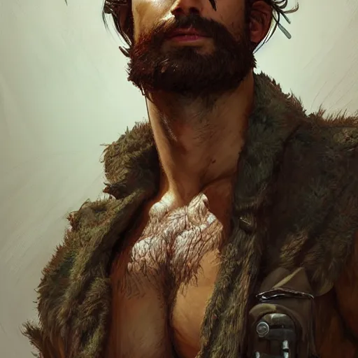 Image similar to portrait of a rugged ranger, full body, open shirt, hairy torso, D&D, fantasy, intricate, elegant, highly detailed, digital painting, artstation, concept art, matte, sharp focus, illustration, art by Artgerm and Greg Rutkowski and Alphonse Mucha