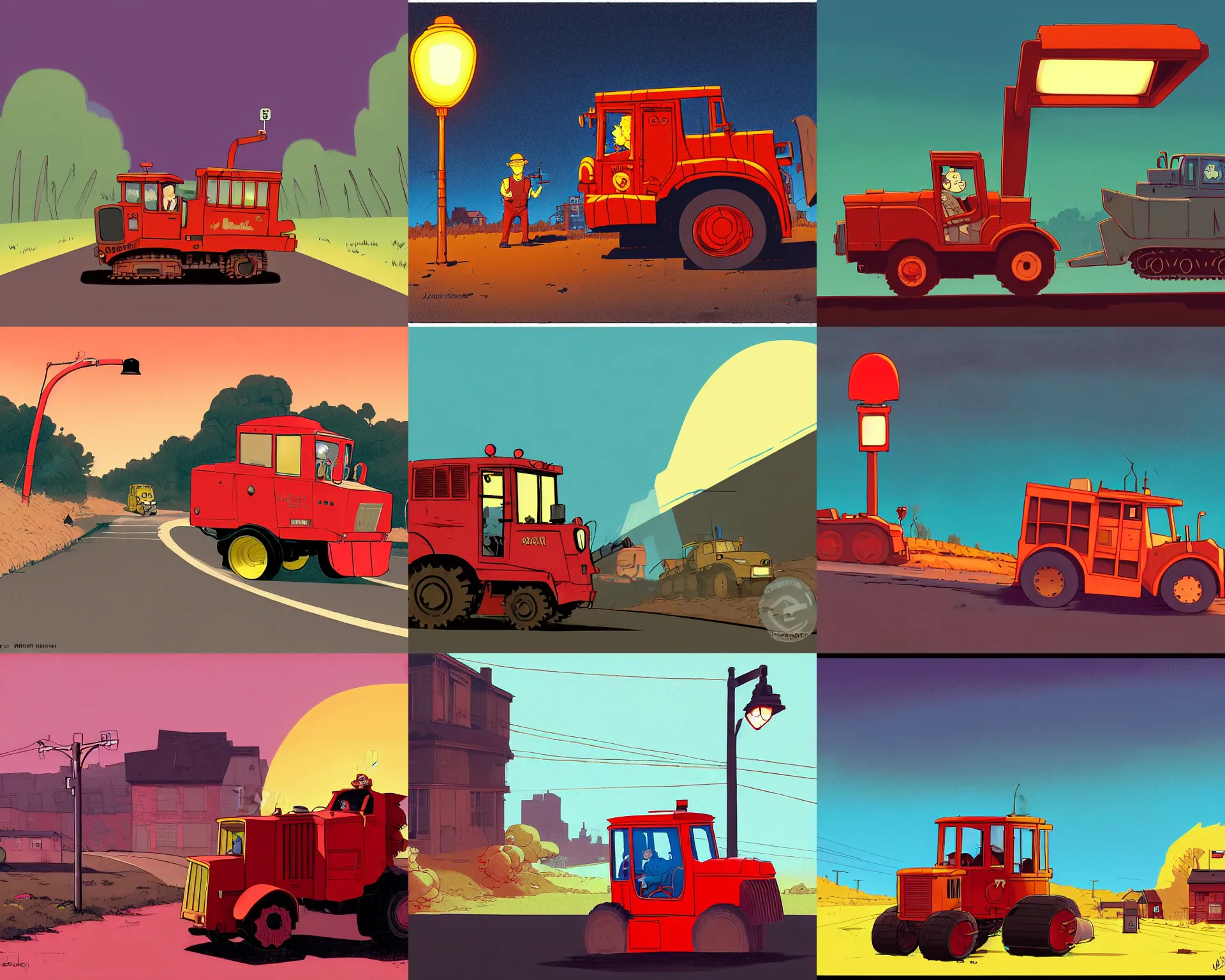 Prompt: a study of cell shaded cartoon of a small red bulldozer on a country road, driven by a preacher with a widows peak haircut, street lamps, road, illustration, wide shot, subtle colors, post grunge, concept art by josan gonzales and wlop, by james jean, Victo ngai, David Rubín, Mike Mignola, Laurie Greasley, highly detailed, sharp focus, alien, Trending on Artstation, HQ, deviantart, art by artgem