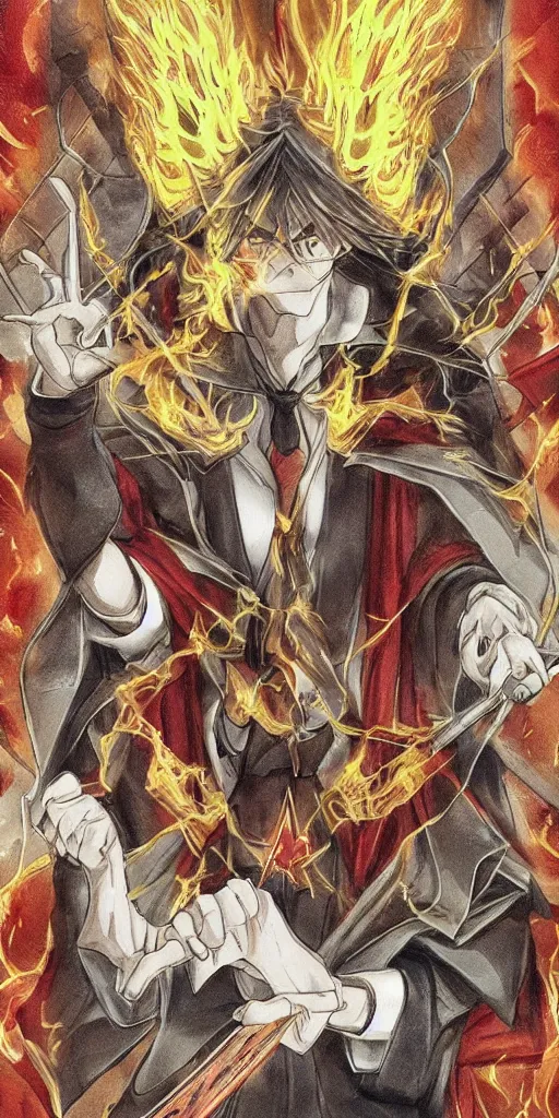 Image similar to powerful anime judge with a magic gavel on fire, in a court room with a justice scale on his desk, drawn by a famous anime artist, high quality, fine lines, amazing detail. colored, the justice tarot card