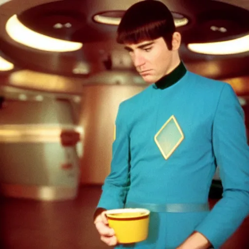 Image similar to acting ensign Wesley Crusher from the USS Enterprise drinking romulan ale in ten forward, set photo, candid, film grain