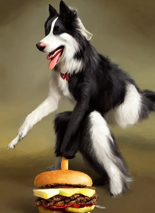 Image similar to wide shot painting of a male anthropomorphic border collie fursona eating a cheeseburger, beautiful, intricate, elegant, realistic proportions, highly detailed, scenic background, trending on artstation, art by charlie bowater and henry asencio and and ross tran