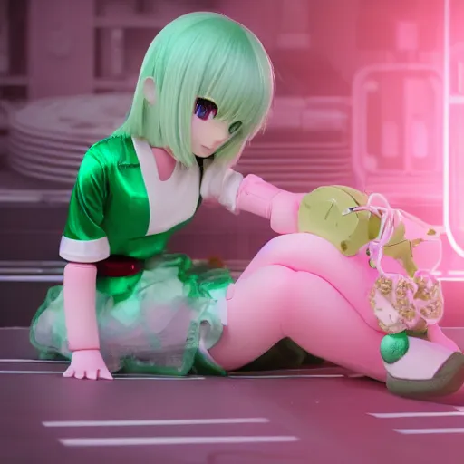 Image similar to cute fumo plush of a girl with prosthetic mechanical arms, green dataglyphs, pink velvet dress, bokeh, cyberpunk anime girl, vray