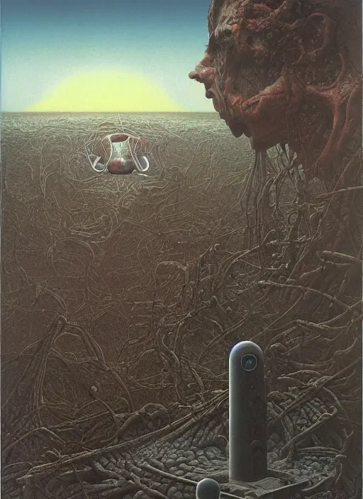 Image similar to hyper realistic end of the world by zdzisław beksinski and norman rockwell and greg rutkowskiweta studio, tokyo futuristic in background, and lucasfilm, realm of the ovarian machine, horror art, the darkest hour