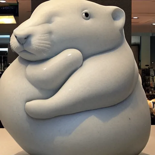 Image similar to marble sculpture of a fat otter holding a bag of groceries