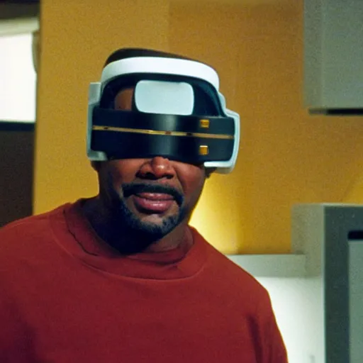 Image similar to Geordi La Forge wearing visor and a colander and random kitchen tools on his head