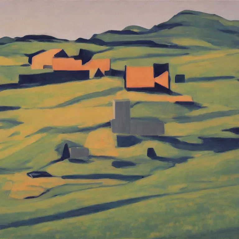 Image similar to dreaming futuristic rural landscape with modern houses, painted by Alex Katz, painted by Edward Hopper, airbrush