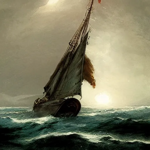 Prompt: an old sailboat in stormy waters at sea, epic fantasy art, digital art, by greg rutkowski and arnold bocklin, artstation