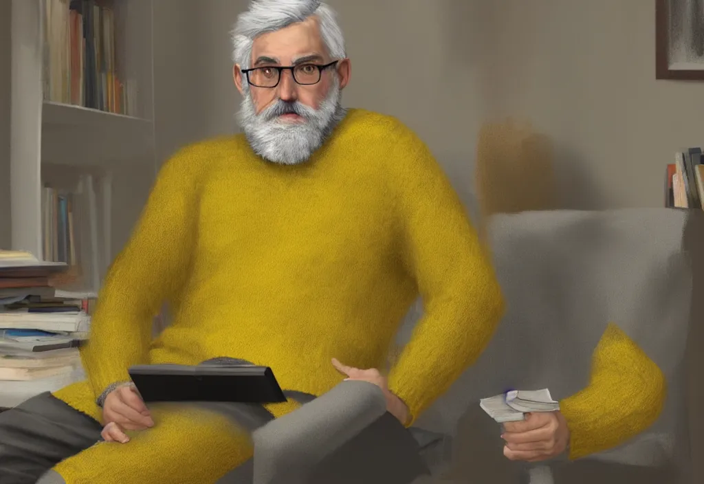 Image similar to Gray bearded professor sits in his study wearing a yellow sweater, hyperrealistic, portrait, concept art, illustration, 8k, artstation, digital painting