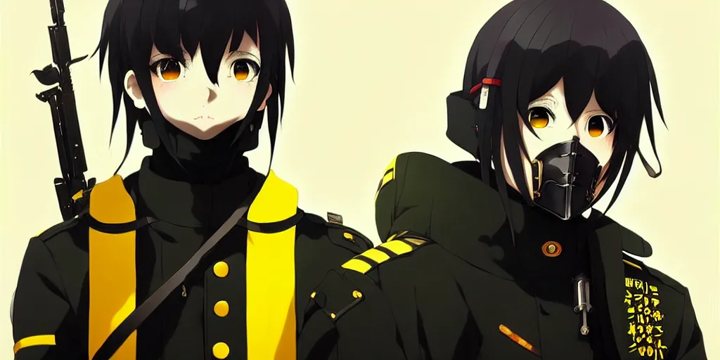 Image similar to anime portrait of a vicious helldiver scout soldier, black armor with yellow accents, in a japanese city street, concept art, by ilya kuvshinov, by makoto shinkai, anime, pixiv top monthly, trending on artstation, cinematic, danbooru, zerochan art, kyoto animation