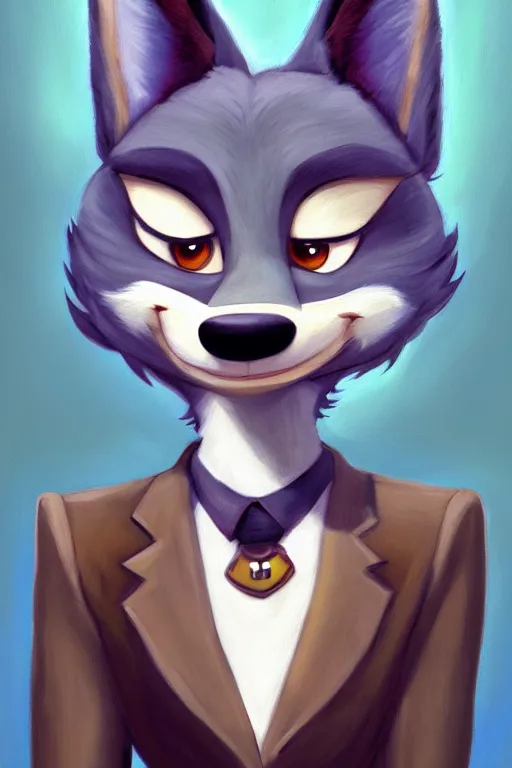 Image similar to oil painting of anthromorphic female wolf, in style of zootopia, female fursona, furry, furaffinity, 4 k, deviantart, furry art, fursona art, wearing black business suit, business suit, wolf fursona, female, smug expression,