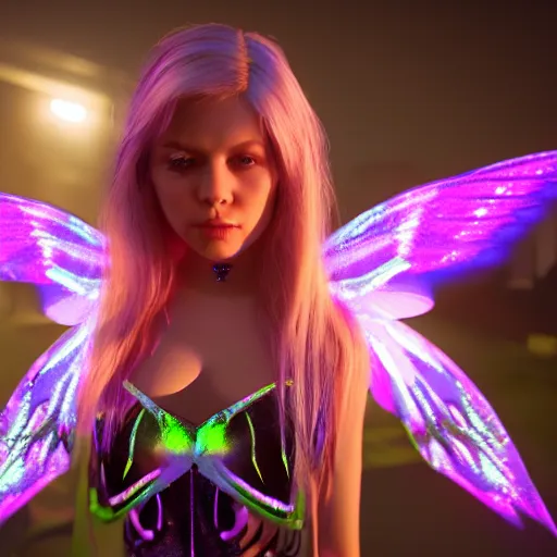 Image similar to neon fluorescent, iridescent young ornella muti with fairy wings cyperpunk 2 0 7 7, unreal engine 5, 8 k ultra realistic, hyperdetailed, volumetric lighting, extremely high quality