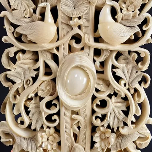 Prompt: a intricate ivory carving sculpture with birds and lemons and jungle leaves, ornate, complex, highly detailed, fine detail