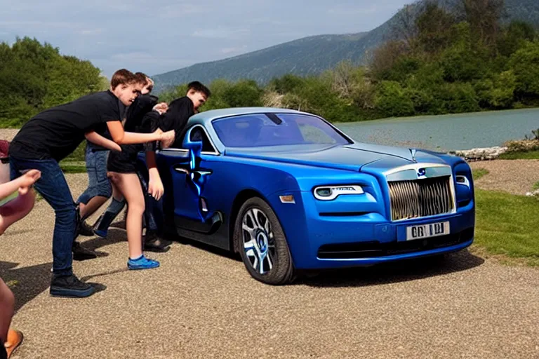 Image similar to Teenagers push Rolls-Royce into lake with their hands from a small slide wanting to drown him