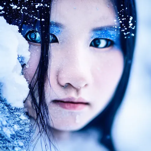 Image similar to the piercing stare of yuki onna, snowstorm, blizzard, mountain snow, canon eos r 6, bokeh, outline glow, asymmetric beauty, blue skin