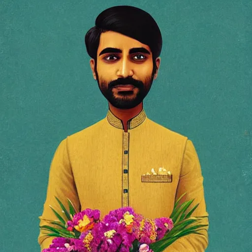 Image similar to indian guy holding flowers, looking nostalgic, in love, in a dapper kurta, very beautiful artwork by Wes Anderson