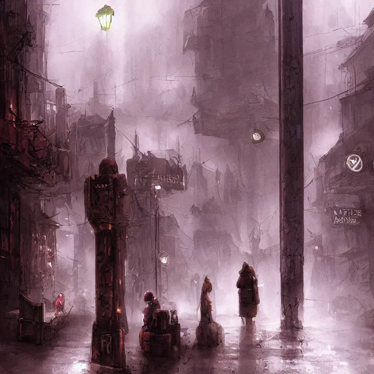 Prompt: some people waiting in a lone bus stop in qiet dark city, by marc simonetti