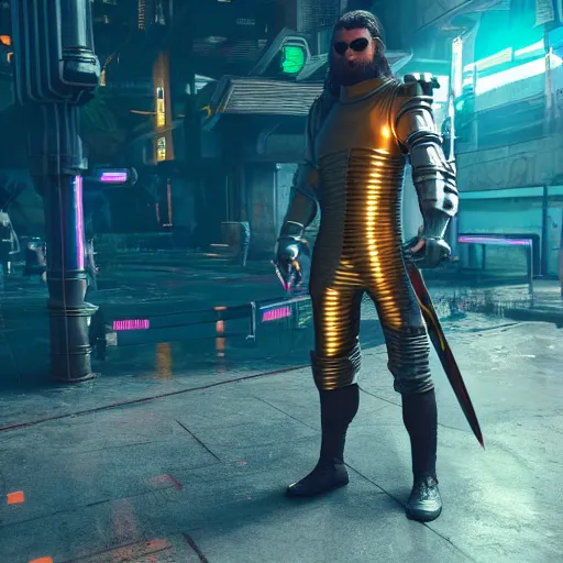 Image similar to Medieval knight in cyberpunk 2077, 3d render