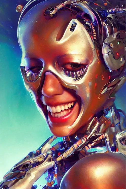 Image similar to portrait, headshot, digital painting, an beautiful techno - shaman cyborg lady, smiling, pearlescent, synthwave, glitch, fracture,, realistic, hyperdetailed, chiaroscuro, concept art, art by john berkey