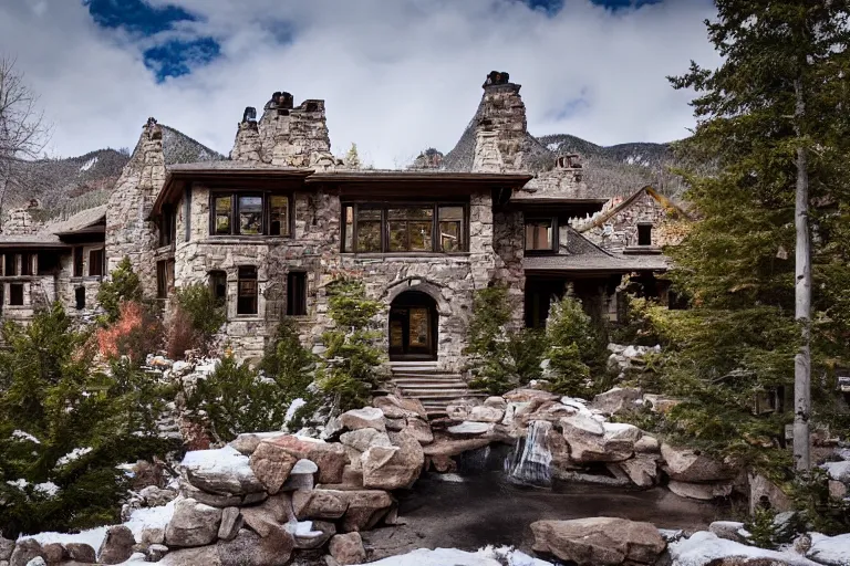 Prompt: a beautiful stone mansion in Aspen by Emmanuel Lubezki
