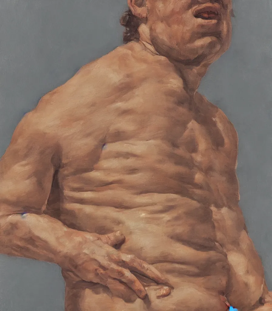 Image similar to medium close shot of a man without shirt in the style of lucian freud self portrait. oil painting, thick brush strokes. gray background. hard light from top. perspective from below. 5 0 mm