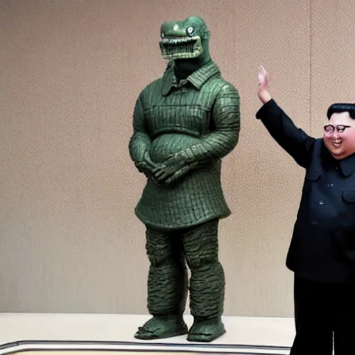 Prompt: kim jong - un as a giant robot fighting godzilla award winning photo