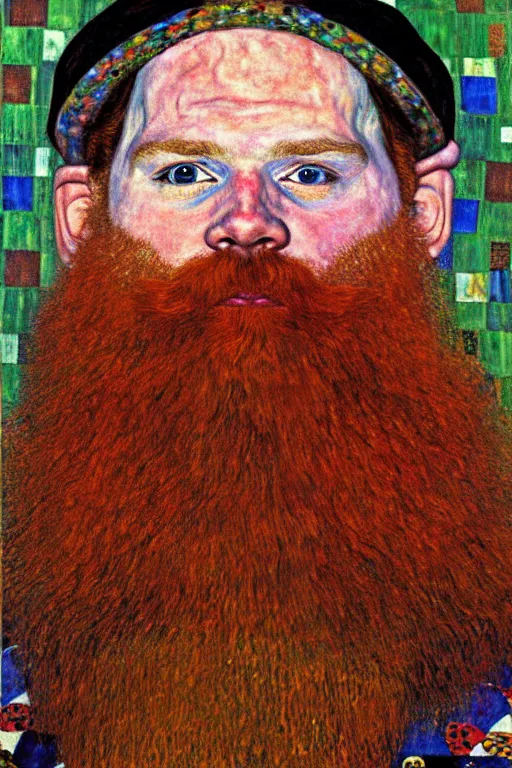 Prompt: red beard viking, painting by gustav klimt