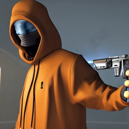 Prompt: G-man from half life 2 in a supreme hoodie with a gun. hyper realistic, dystopia, depth of field, physically based rendering, pbr render, very detailed, volumetric lighting, octane render