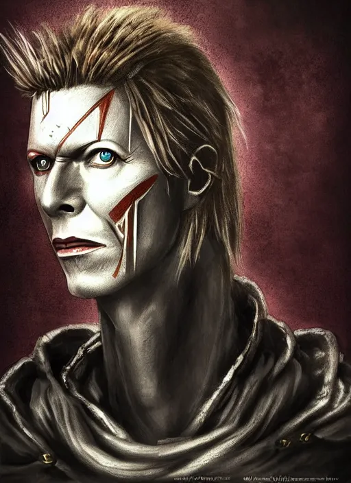 Prompt: portrait david bowie, dark souls style, warrior, gael knight, ashen warrior, detailed portrait