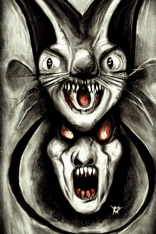 Image similar to portrait of rabbit, demon eyes, dracula fangs! haunted house, dark atmospheric