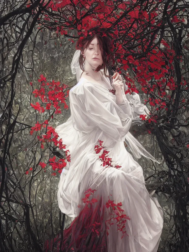 Image similar to detailed oil painting of sad bride in scary black under the god ray, red leaves on the ground, art by artgerm and greg rutkowski and alphonse mucha