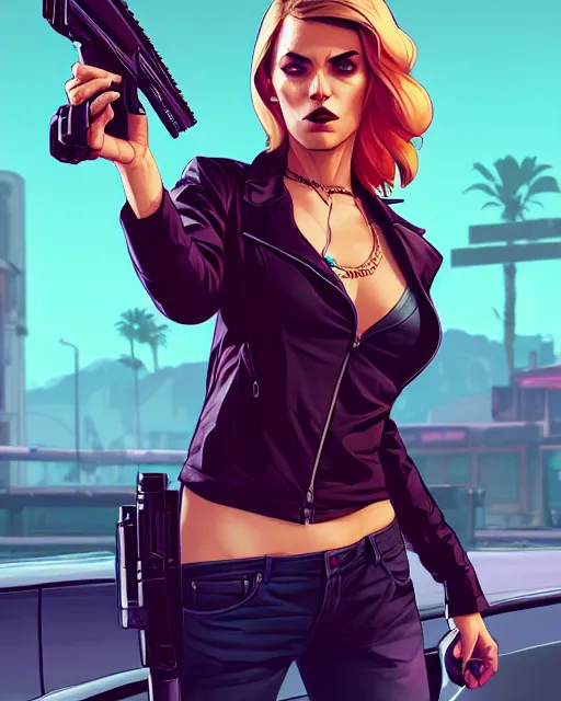 Image similar to portrait of femme fatale with pistol, gta v cover art, borderlands style, celshading, trending on artstation, by rhads, andreas rocha, rossdraws, makoto shinkai, laurie greasley, lois van baarle, ilya kuvshinov and greg rutkowski, 4 k