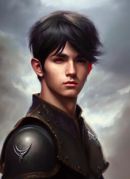 Prompt: a _ fantasy _ style _ portrait _ painting _ of young adult male, very short black fringe hair, round face, rpg dnd oil _ painting _ unreal _ 5 _ daz. _ rpg _ portrait _ extremely _ detailed _ artgerm _ greg _ rutkowski _ greg