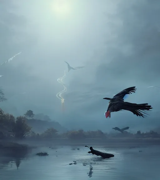 Prompt: three long beak crows flying and a little boat in a swamp, long legs, volumetric lighting, majestic light, octane render, ethereal glare of the sun, hyperrealistic, epic, masterpiece, by greg rutkowski