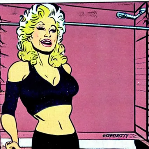 Prompt: Dolly Parton tearing apart prison bars with her bare hands, 1980s comic book panel, -n 9