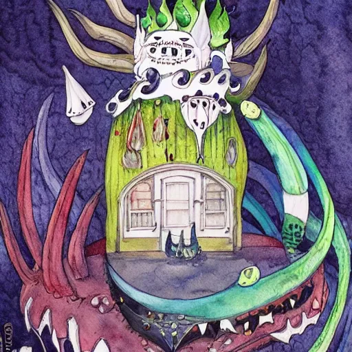 Image similar to detailed whimsical silly watercolor painting of a terrifying demon, in the style of studio ghibli