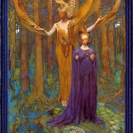 Prompt: the queen of the forest with her birds, by Annie Swynnerton and jean delville and Nicholas Roerich and Tino Rodriguez, elaborately costumed, rich color, dramatic cinematic lighting, extremely detailed