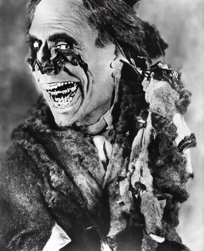 Image similar to colorized photograph of conrad veidt the man who laughs wide grin, award winning colorized photo, sharp color palette