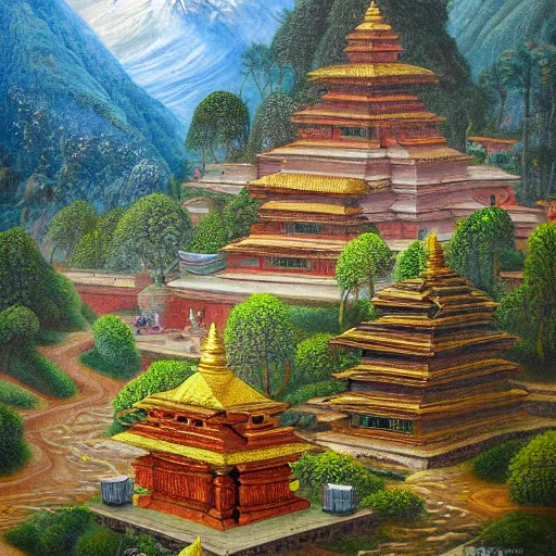 Prompt: a beautiful and highly detailed oil painting of an nepali temple in the kathmandu valley, detailed high buildings and rockets, forgotten valley, swirling mist, lush forests, intricate details, epic scale, insanely complex, 8 k, sharp focus, hyper realism, fantasy landscape, psychedelic, by caspar friedrich,