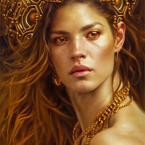 Image similar to highly detailed portrait of a majestic lioness queen in the form of a beautiful woman. d & d. art by donato giancola, eugene delacroix, ruan jia, martin schoeller. trending on artstation, intricate details, energetic composition, golden ratio, concept art, illustration, elegant art, global illuminaition