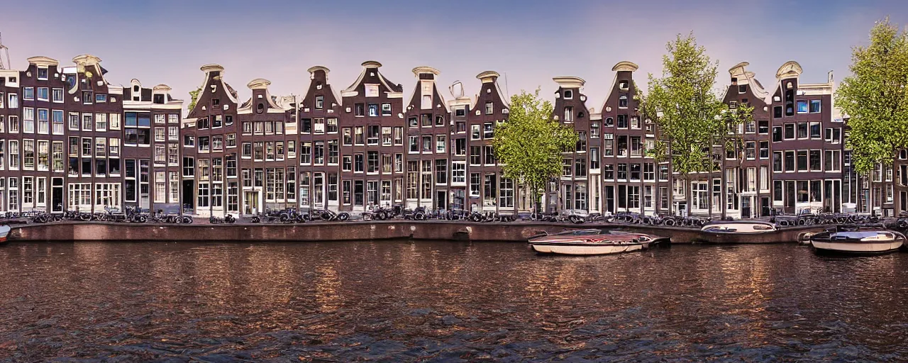 Prompt: view of houses in amsterdam, with water and boats, photography, 3 5 mm, hyper realistic, 8 k, unreal engine, illustration, happy cinematic sunrise lighting, tilt shift, crimson - black