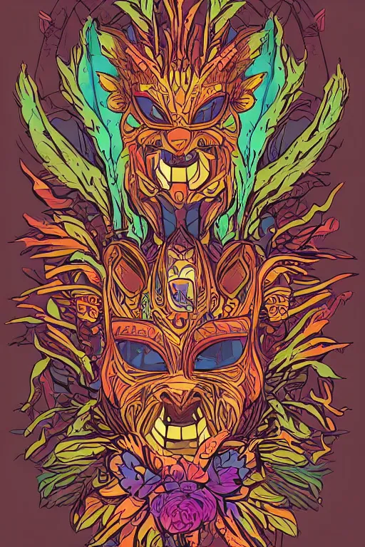 Image similar to animal mask totem roots flower tribal feather gemstone plant wood rock shaman vodoo video game vector cutout illustration vivid multicolor borderlands comics by josan gonzales and dan mumford radiating a glowing aura