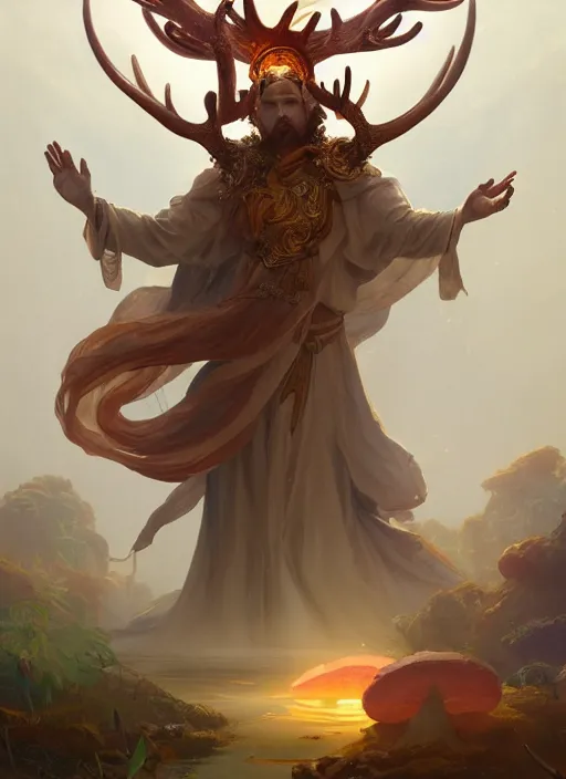 Image similar to Gigantic Deity with a halo made of antlers and translucent mushrooms, extremly detailed digital painting, in the style of Fenghua Zhong and Ruan Jia and Jeremy Lipking and Peter Mohrbacher, mystical colors, rim light, beautiful lighting, 8k, stunning scene, raytracing, octane, trending on artstation