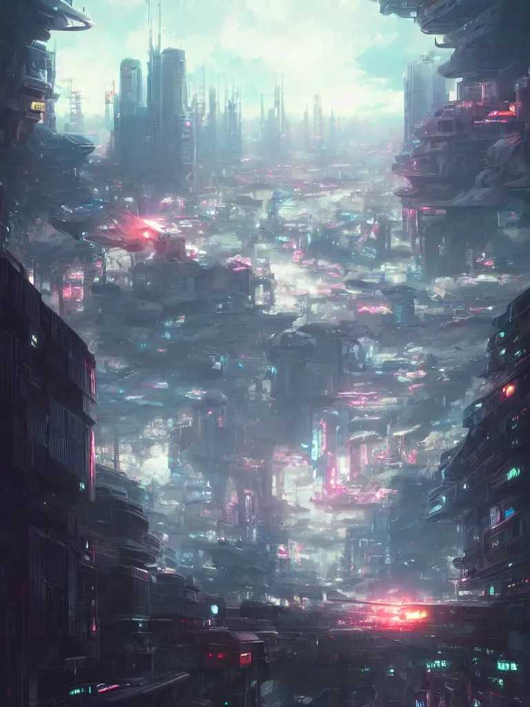 Image similar to Beautiful Epic scene of a beautiful gigantic futuristic military spacecraft carrier above a futuristic Tokyo style military city, by Greg Rutkowski and Krenz Cushart and Pan_Ren_Wei and Hongkun_st and Bo Chen and Enze Fu and WLOP and Alex Chow, Madhouse Inc., anime style, crepuscular rays, set in rainy futuristic cyberpunk Tokyo street, dapped light, dark fantasy, cgsociety, trending on artstation