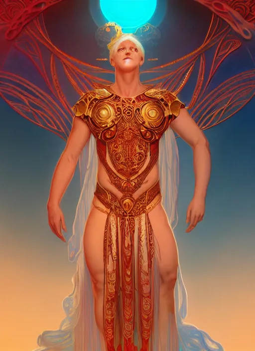 Image similar to the pale blond sun god apollo smirking, full body shot, sci fi, glowing eyes, volumetric lights, red and cyan theme, art nouveau botanicals, intricate, highly detailed, digital painting, artstation, concept art, smooth, sharp focus, cinematic, illustration, beautiful face, art by artgerm and greg rutkowski and alphonse mucha