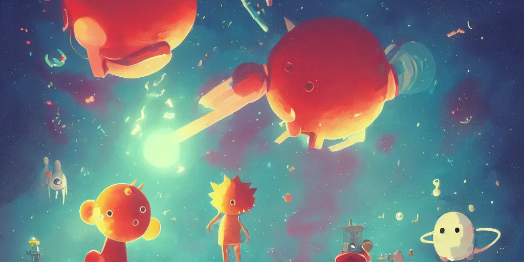 Prompt: cute anime monsters in a nebula by Goro Fujita and Simon Stalenhag and Alex Andreev and Chiho Aoshima and Beeple and Banksy andKandinsky and Magritte and Basquiat and Picasso, 8k, trending on artstation, hyper detailed, cinematic